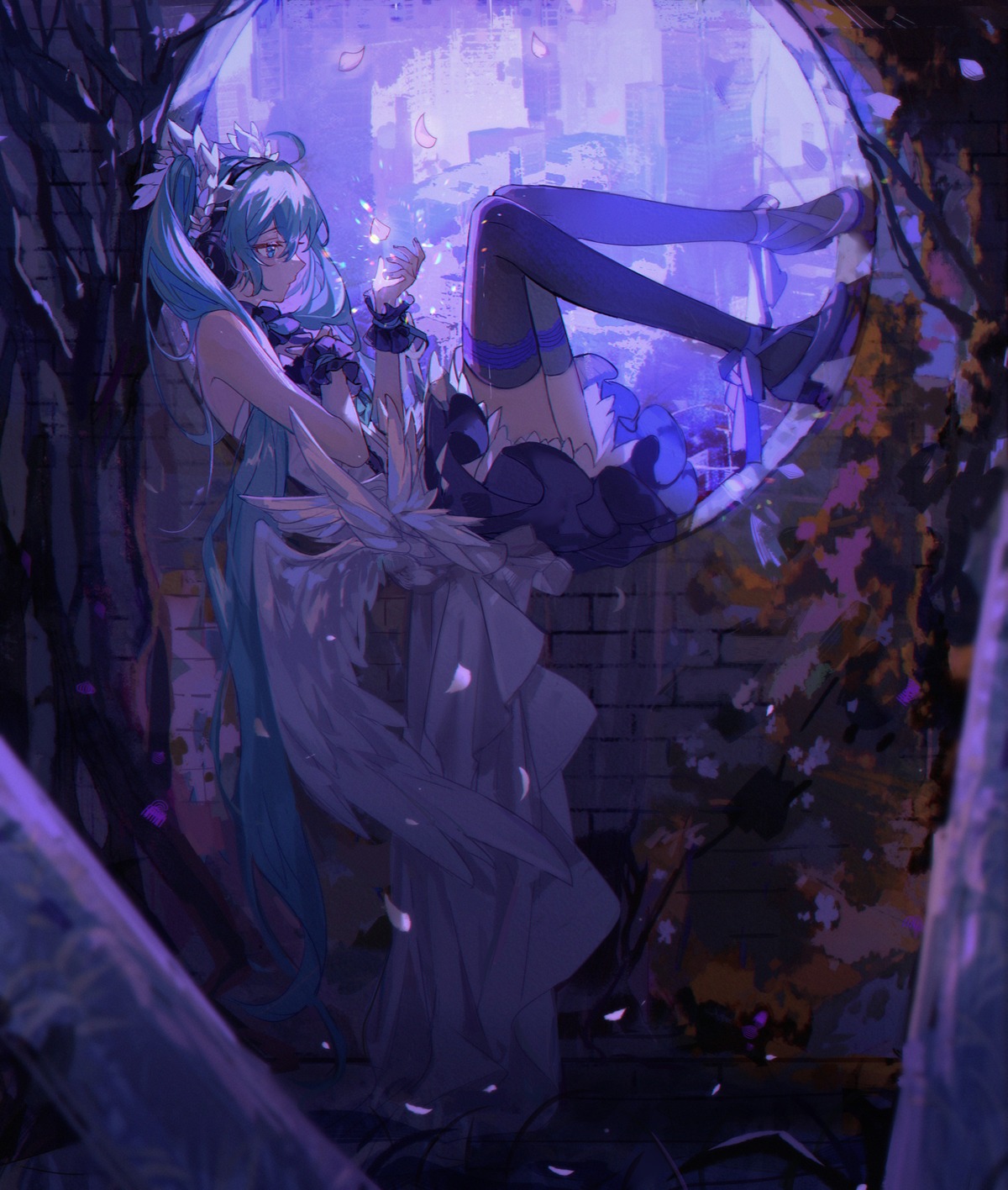 7th_dragon, 7th_dragon_2020, hatsune_miku, headphones, heels, kanose, skirt_lift, thighhighs