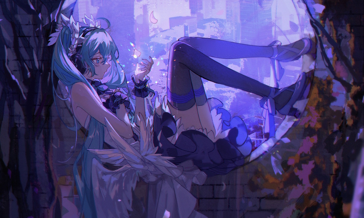 7th_dragon, 7th_dragon_2020, hatsune_miku, headphones, heels, kanose, skirt_lift, thighhighs, vocaloid