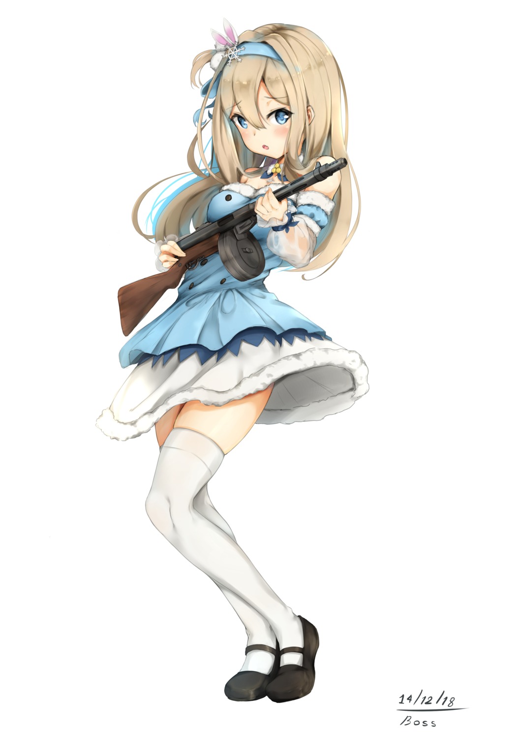 breast_hold, dress, girls_frontline, gun, kanon_(kanon_kanon0770), skirt_lift, suomi_kp31_(girls_frontline), thighhighs
