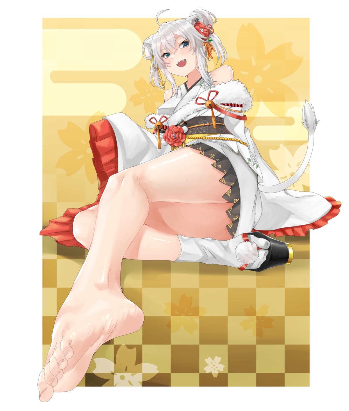 animal_ears, eiji_(eiji), feet, hololive, kimono, shishiro_botan, skirt_lift, tail