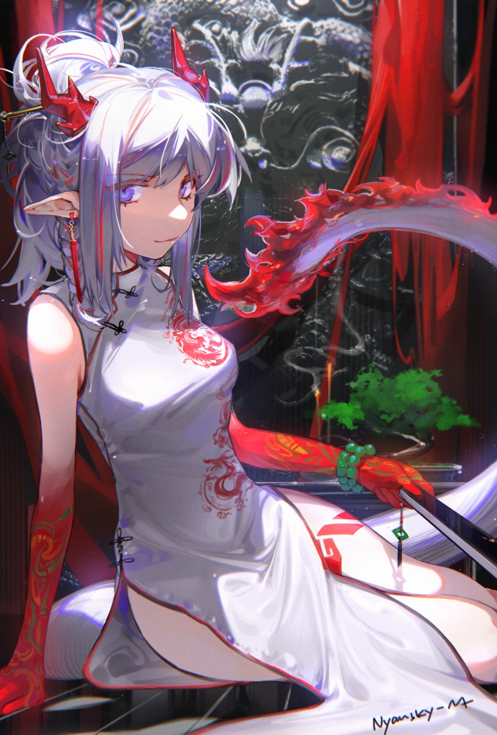 arknights, chinadress, horns, nian_(arknights), nyansky, pointy_ears, tail, tattoo