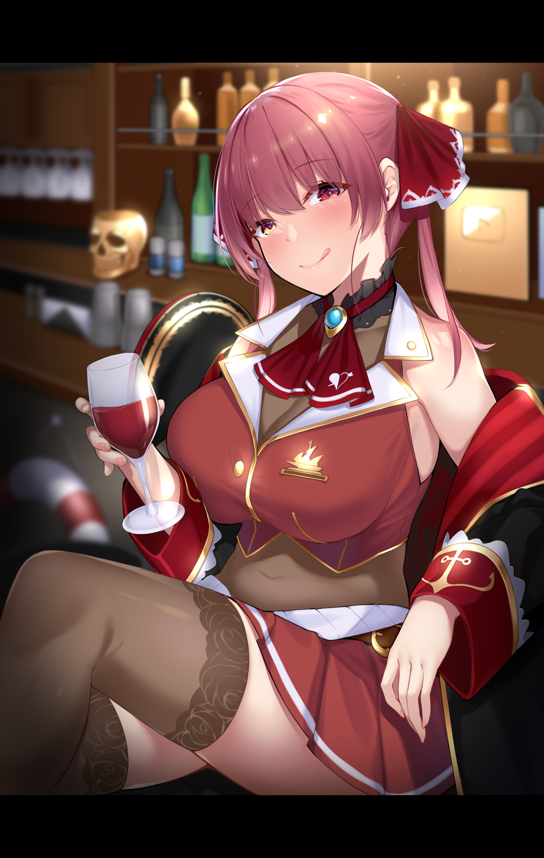 dean, heterochromia, hololive, houshou_marine, skirt_lift, thighhighs