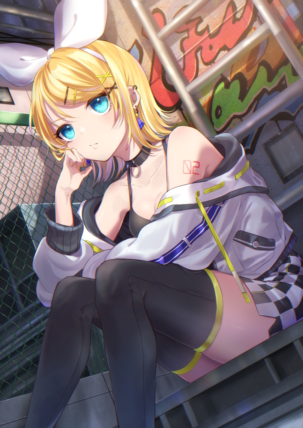 kagamine_rin, soramame_pikuto, tattoo, thighhighs, vocaloid