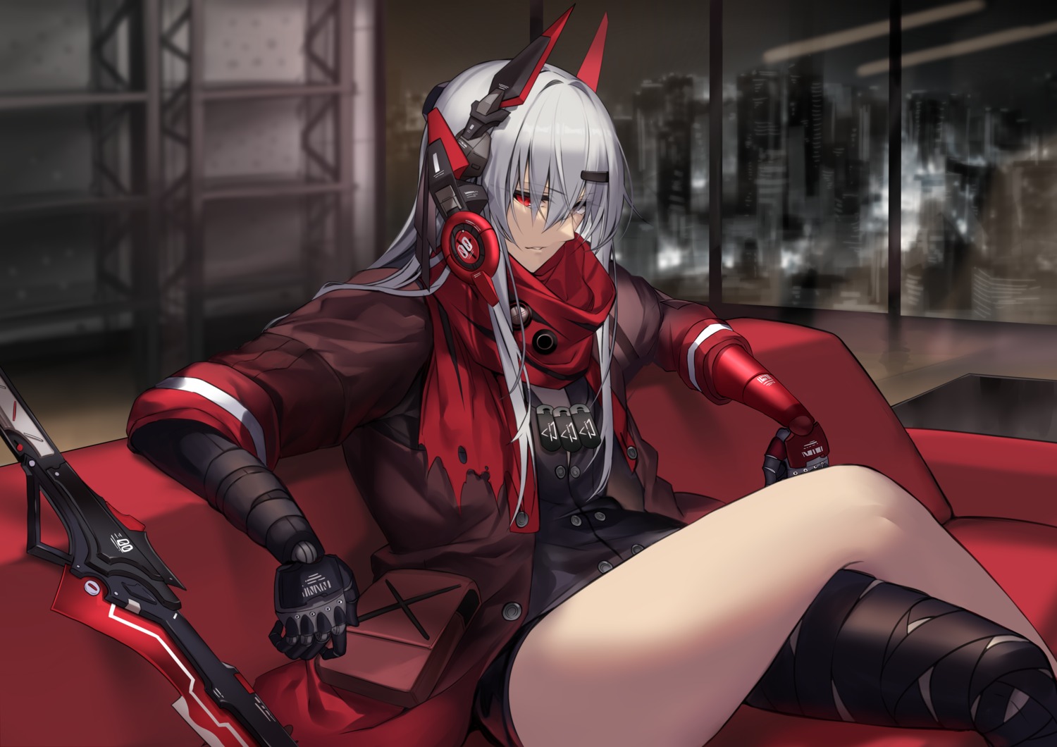 alpha_(punishing:_gray_raven), headphones, heterochromia, horns, john_dee, mecha_musume, punishing:_gray_raven, sword