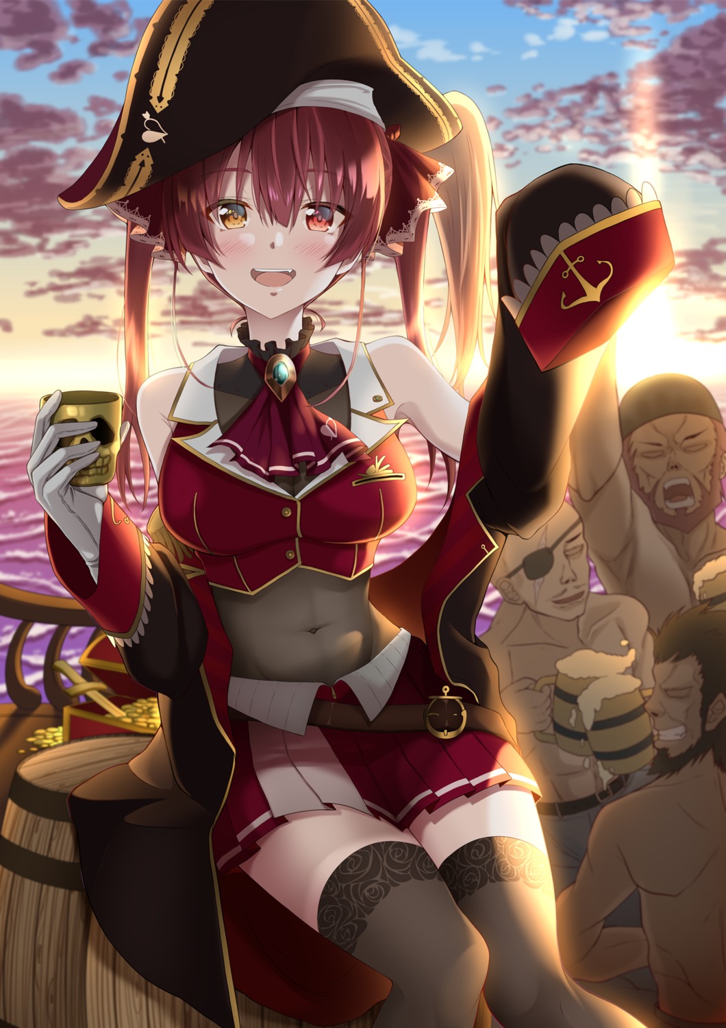 eyepatch, heterochromia, hinata_kokage, hololive, houshou_marine, pirate, thighhighs