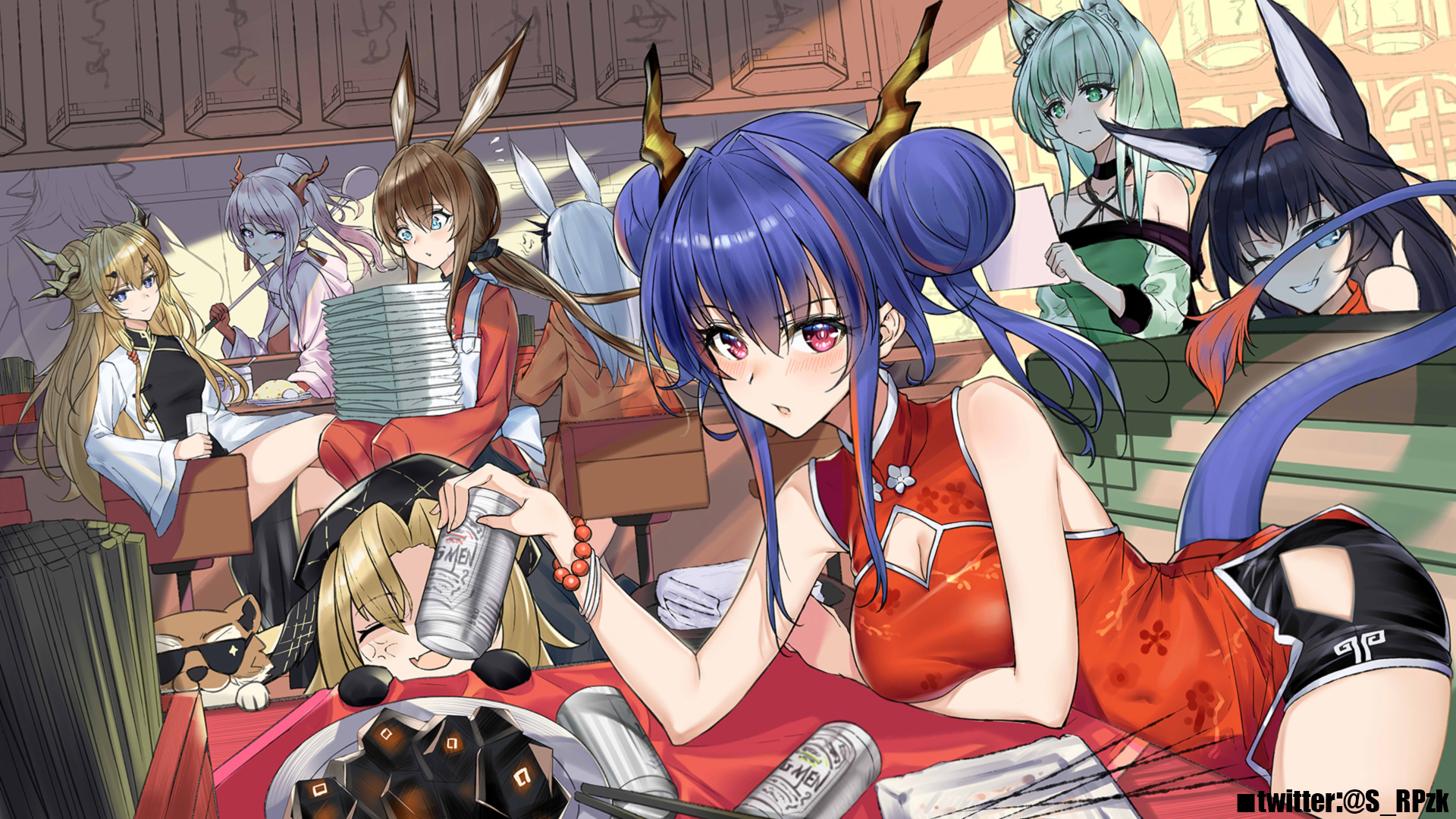 amiya_(arknights), animal_ears, arknights, asian_clothes, blaze_(arknights), bunny_ears, ch'en_(arknights), chinadress