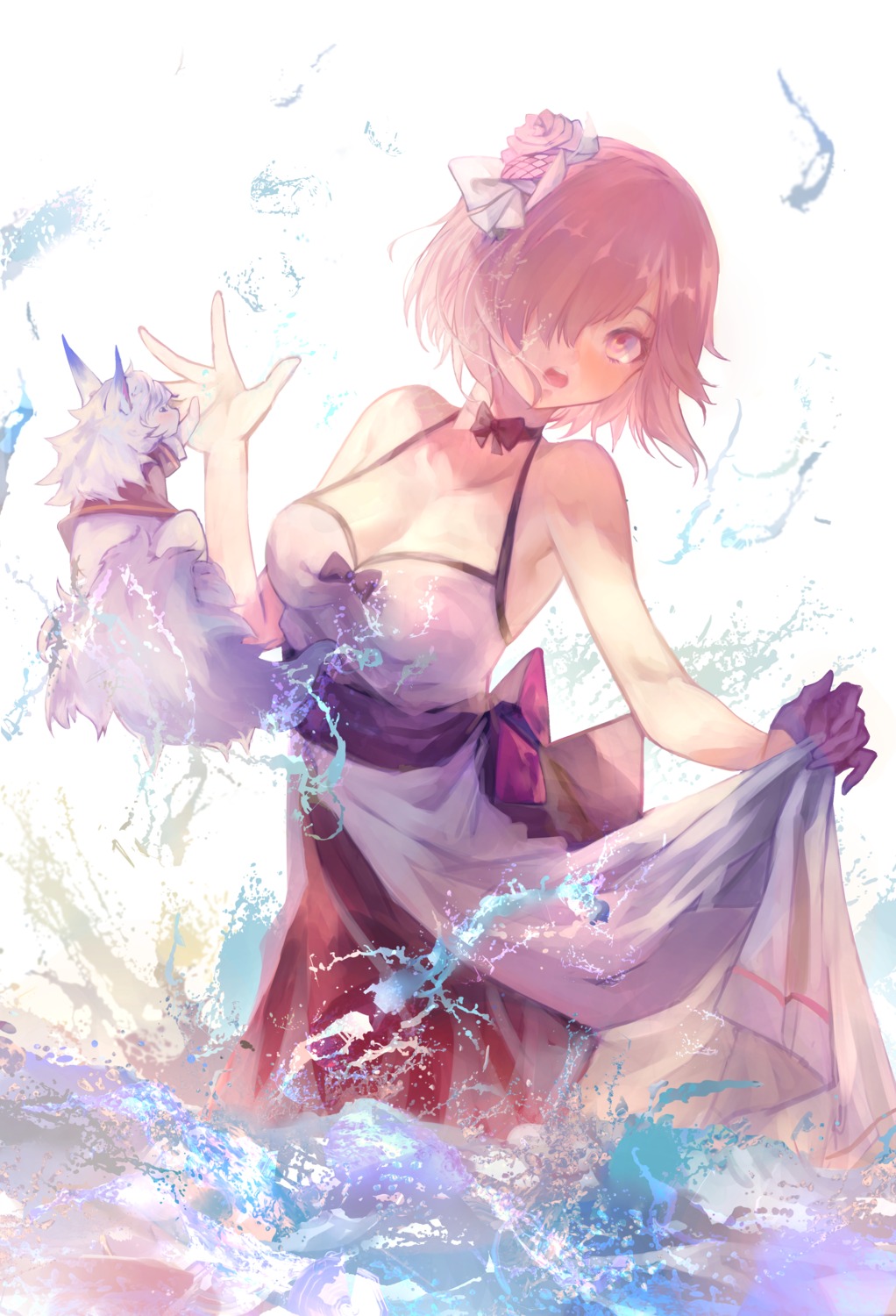 cath_palug_(fate), cleavage, dress, fate/grand_order, mash_kyrielight, saitogiulio, skirt_lift, wet