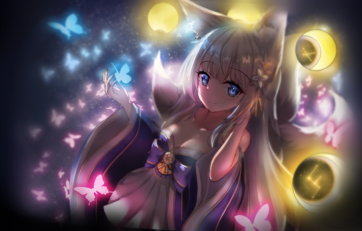 animal_ears, azur_lane, japanese_clothes, kitsune, nagato-chan, no_bra, shinano_(azur_lane), tail