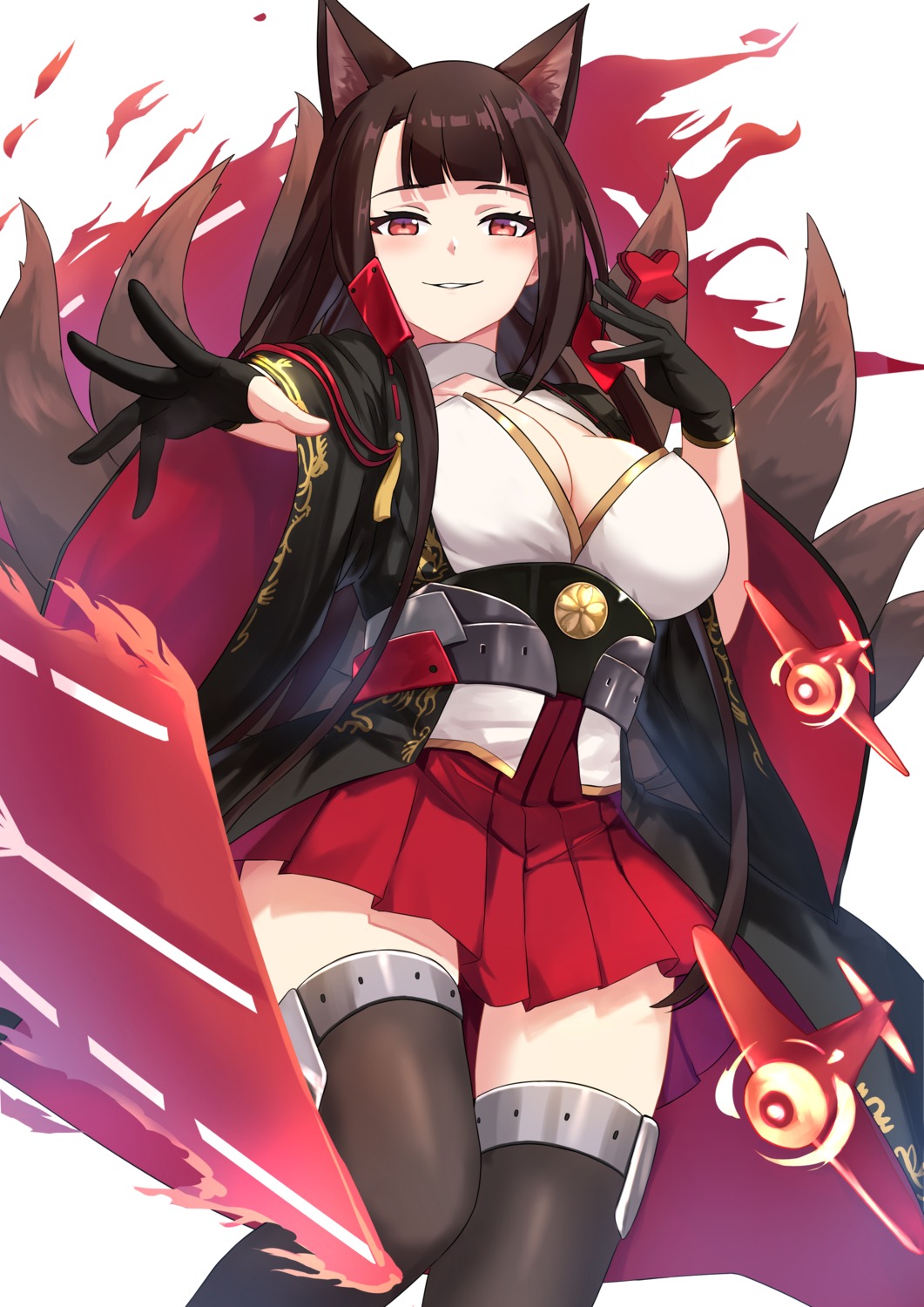 akagi_(azur_lane), animal_ears, art_itou, azur_lane, cleavage, japanese_clothes, kitsune, tail