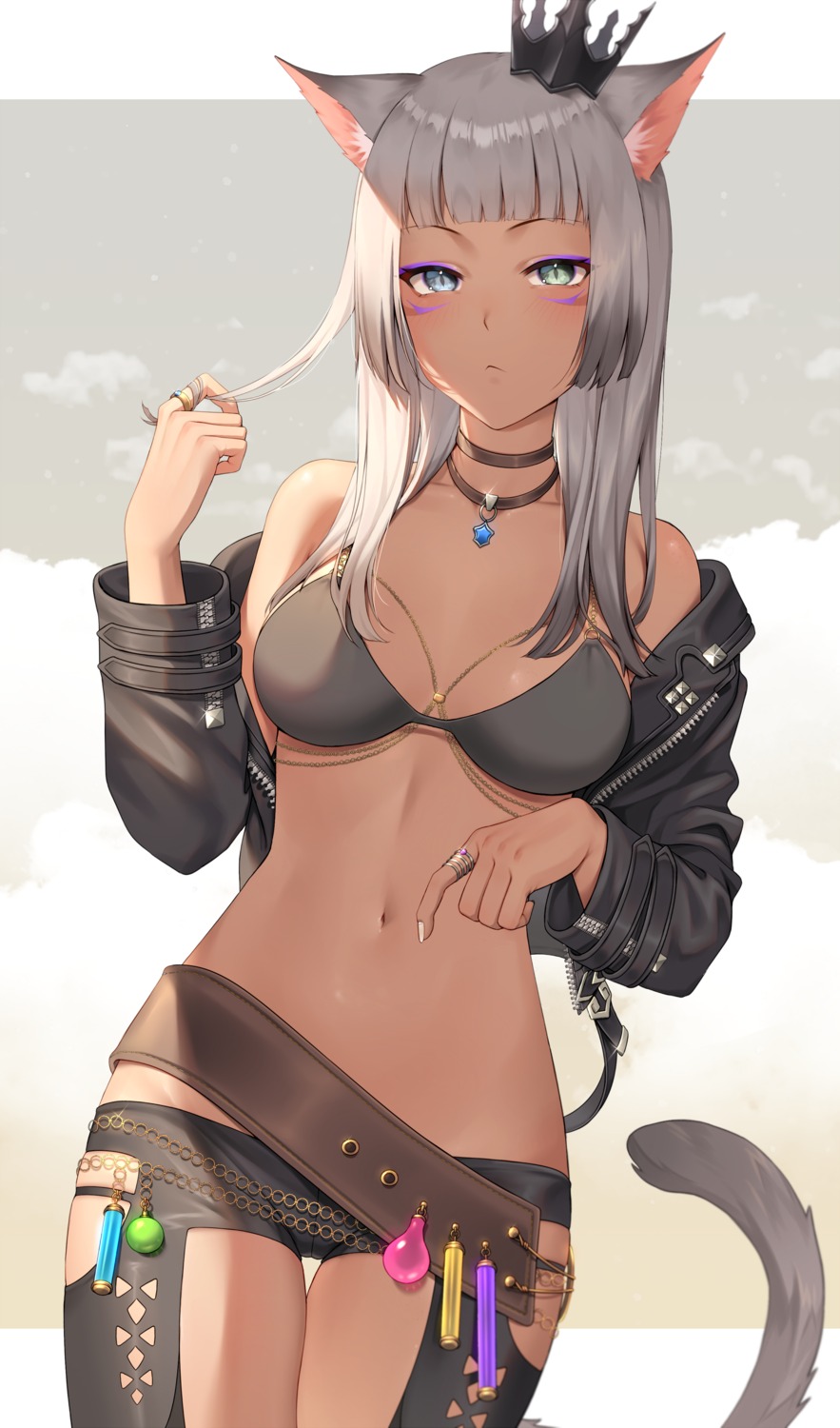 animal_ears, bikini_top, final_fantasy, final_fantasy_xiv, miqo'te, nekomimi, open_shirt, reiji-rj