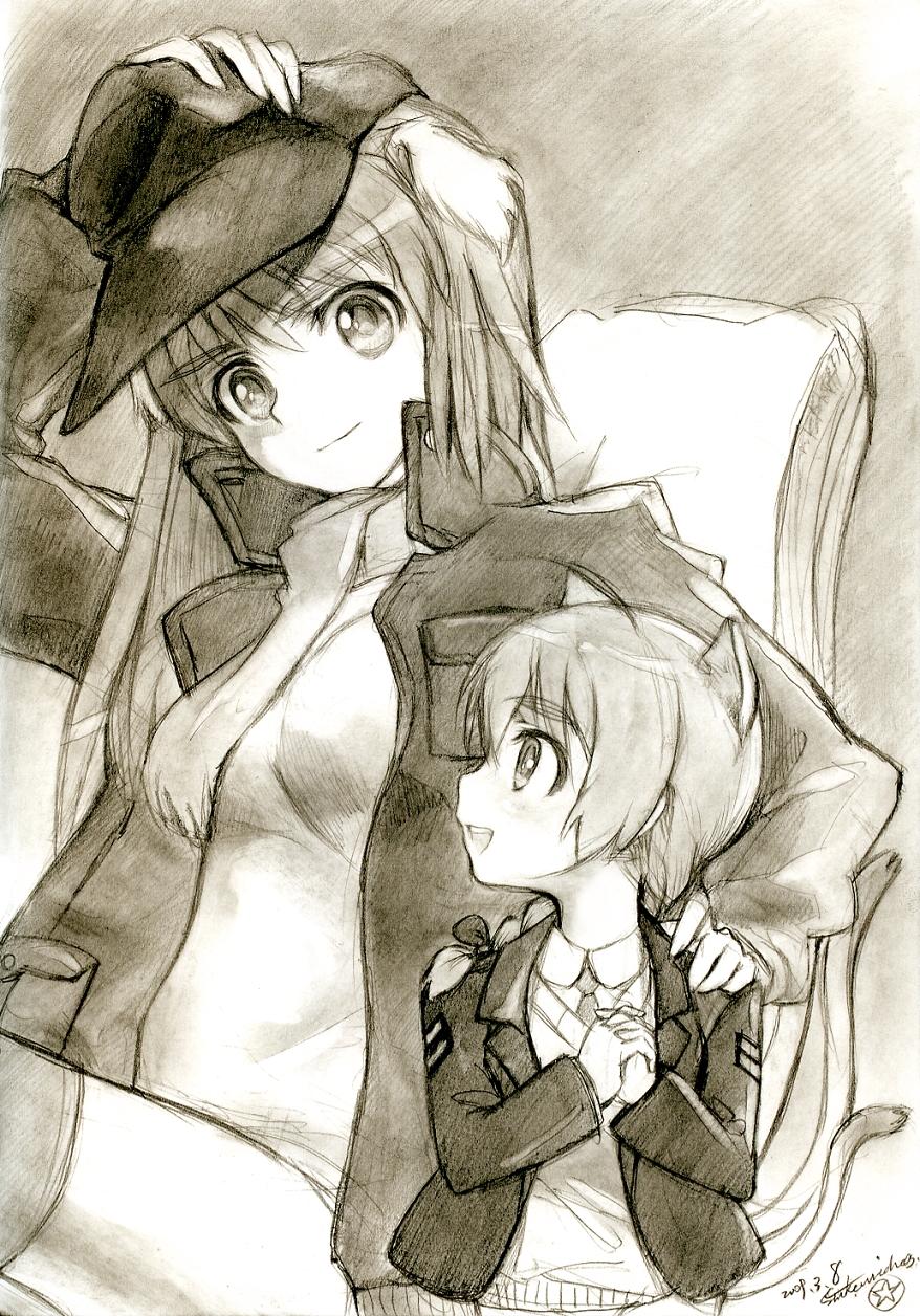 animal_ears, kisetsu, lynette_bishop, monochrome, nekomimi, sketch, strike_witches, wilma_bishop