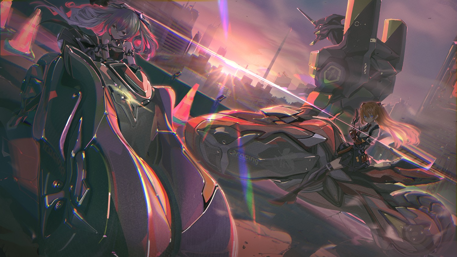 afukuro, benghuai_xueyuan, eva_01, honkai_impact, mecha, neon_genesis_evangelion, souryuu_asuka_langley, thighhighs