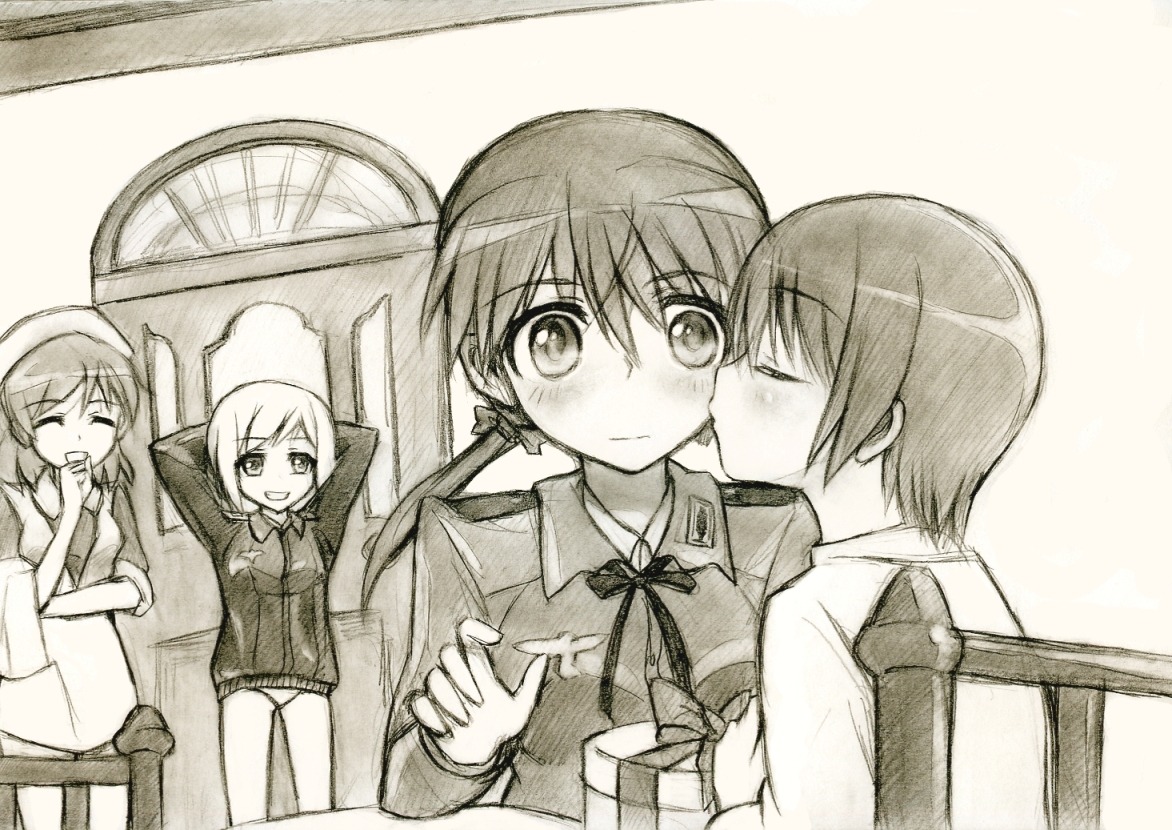 chris_barkhorn, erica_hartmann, gertrud_barkhorn, kisetsu, monochrome, sketch, strike_witches