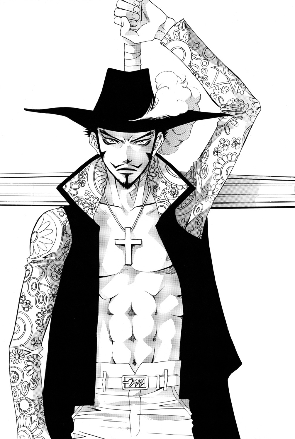 dracule_mihawk, male, monochrome, nakajou_hisaya, one_piece