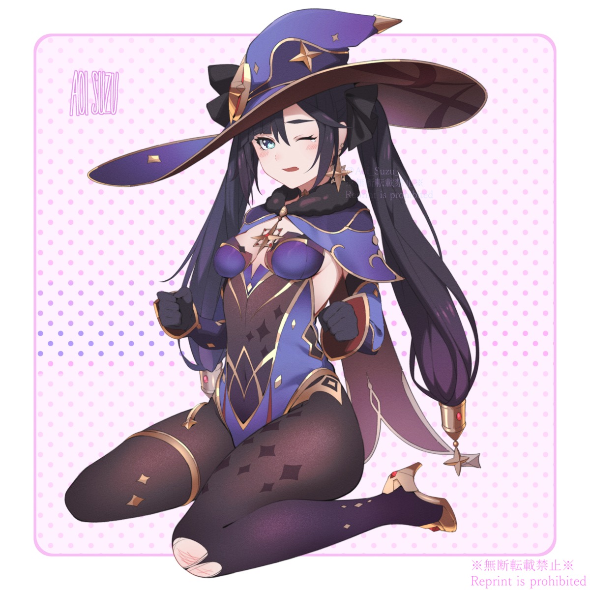 aoi_suzu, garter, genshin_impact, heels, leotard, mona_megistus, no_bra, pantyhose