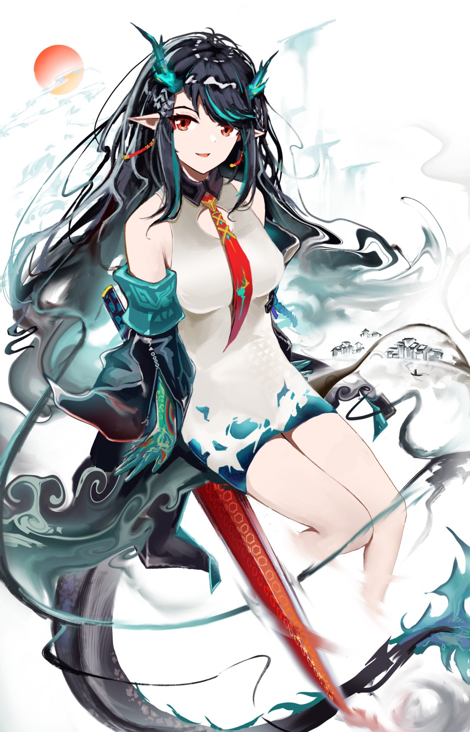 arknights, dress, dusk_(arknights), horns, pointy_ears, sword, tail, wangzili_shitoumen