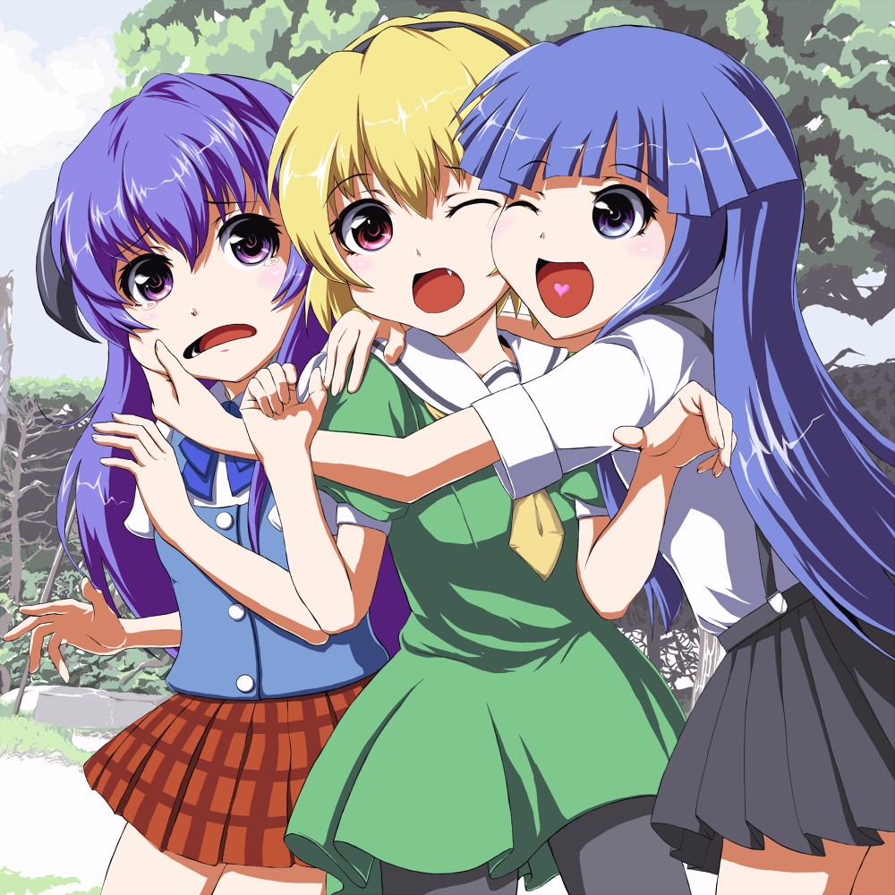 fuji_hyorone, furude_rika, hanyuu, higurashi_no_naku_koro_ni, horns, houjou_satoko, pantyhose, seifuku