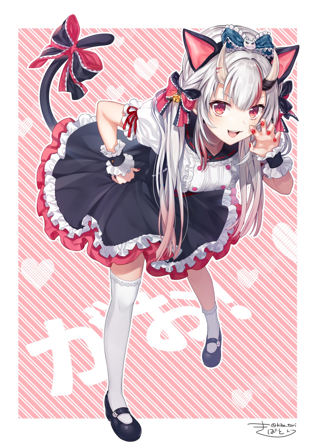 animal_ears, hololive, horns, kiba_tori, nakiri_ayame, nekomimi, skirt_lift, tail