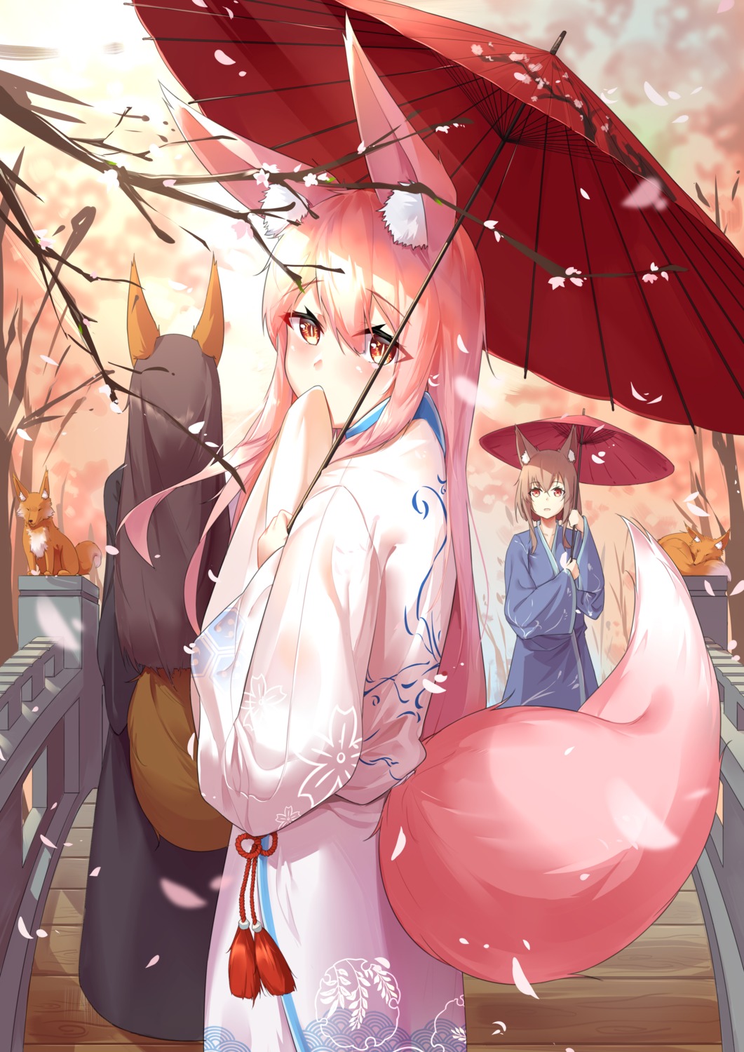 animal_ears, kimono, kitsune, mouma, tail, umbrella