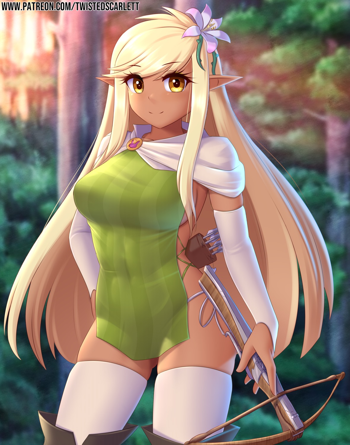 dress, elf, no_bra, pantsu, pointy_ears, string_panties, thighhighs, twistedscarlett60, weapon