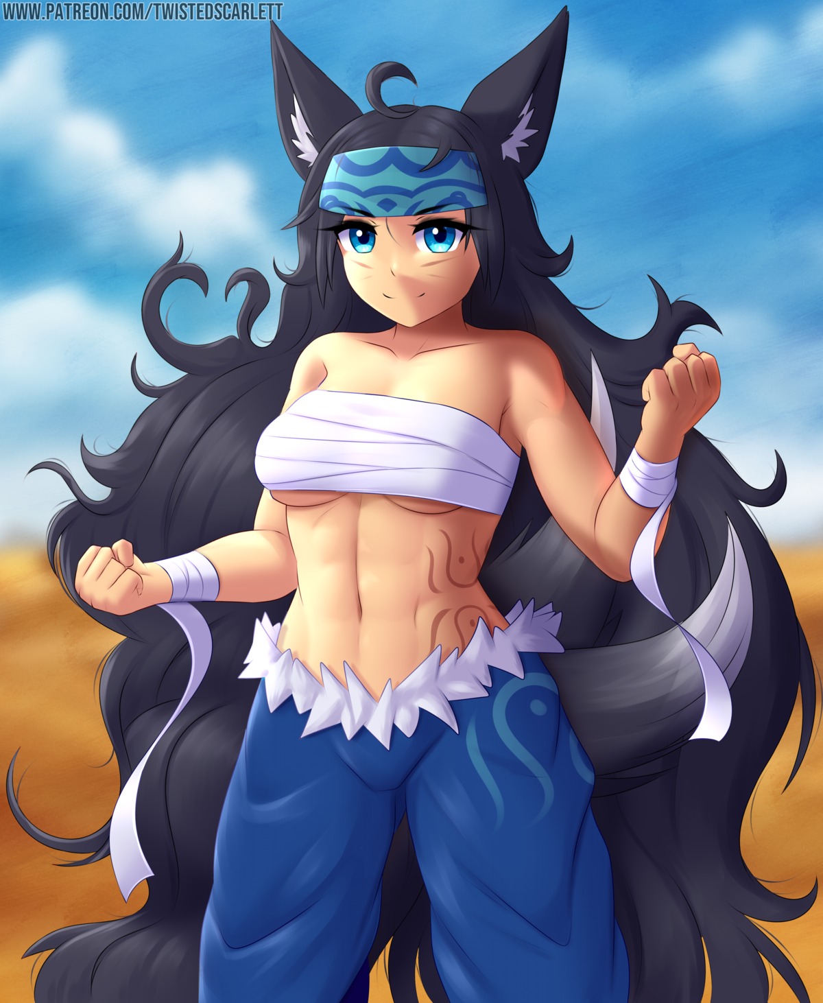 animal_ears, kitsune, sarashi, tail, tattoo, twistedscarlett60