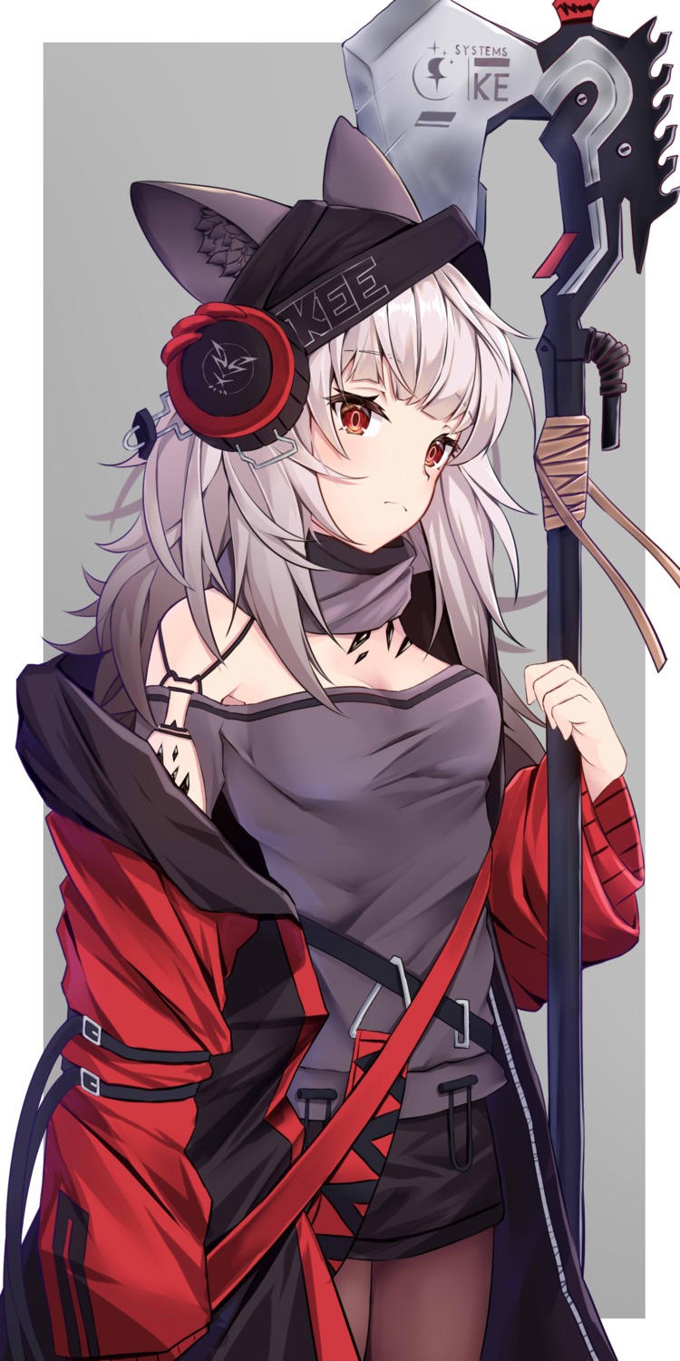 animal_ears, arknights, cleavage, frostleaf_(arknights), headphones, pantyhose, ponta_(velmar), weapon