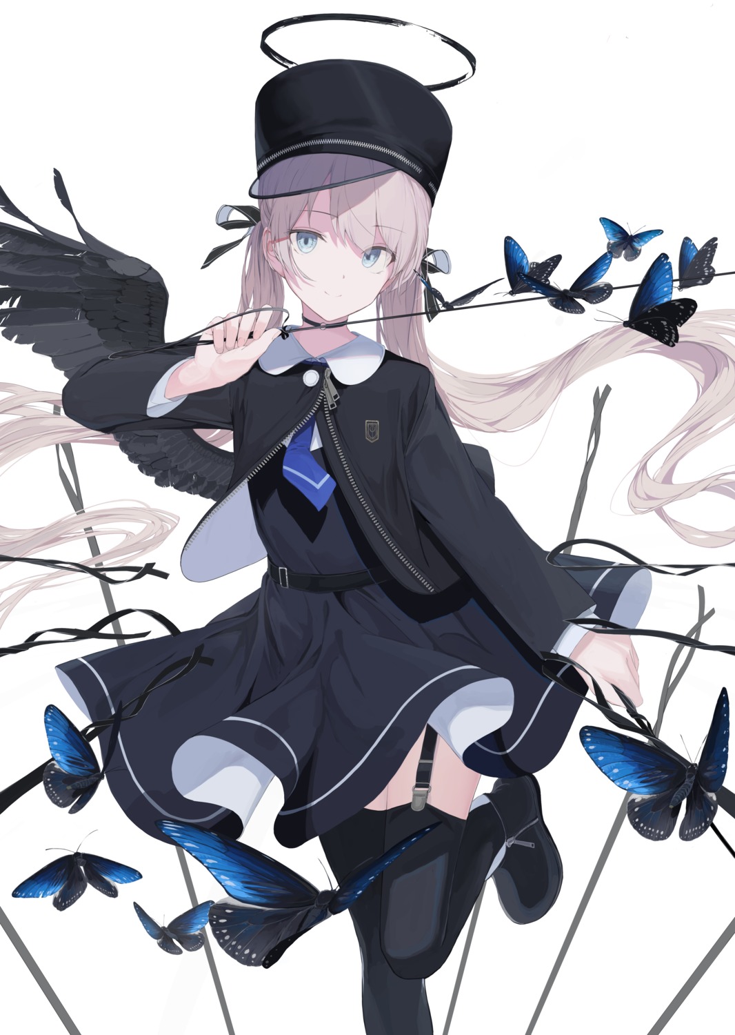 angel, mikisai, seifuku, skirt_lift, stockings, thighhighs, wings