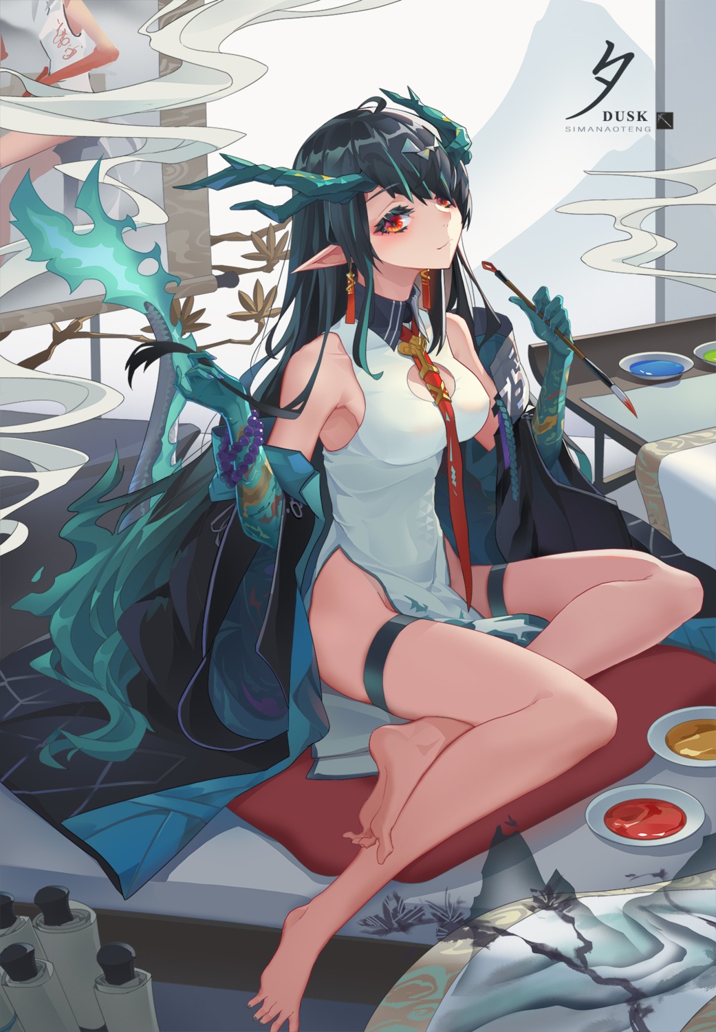 arknights, chinadress, dusk_(arknights), garter, horns, pointy_ears, sima_naoteng, tail