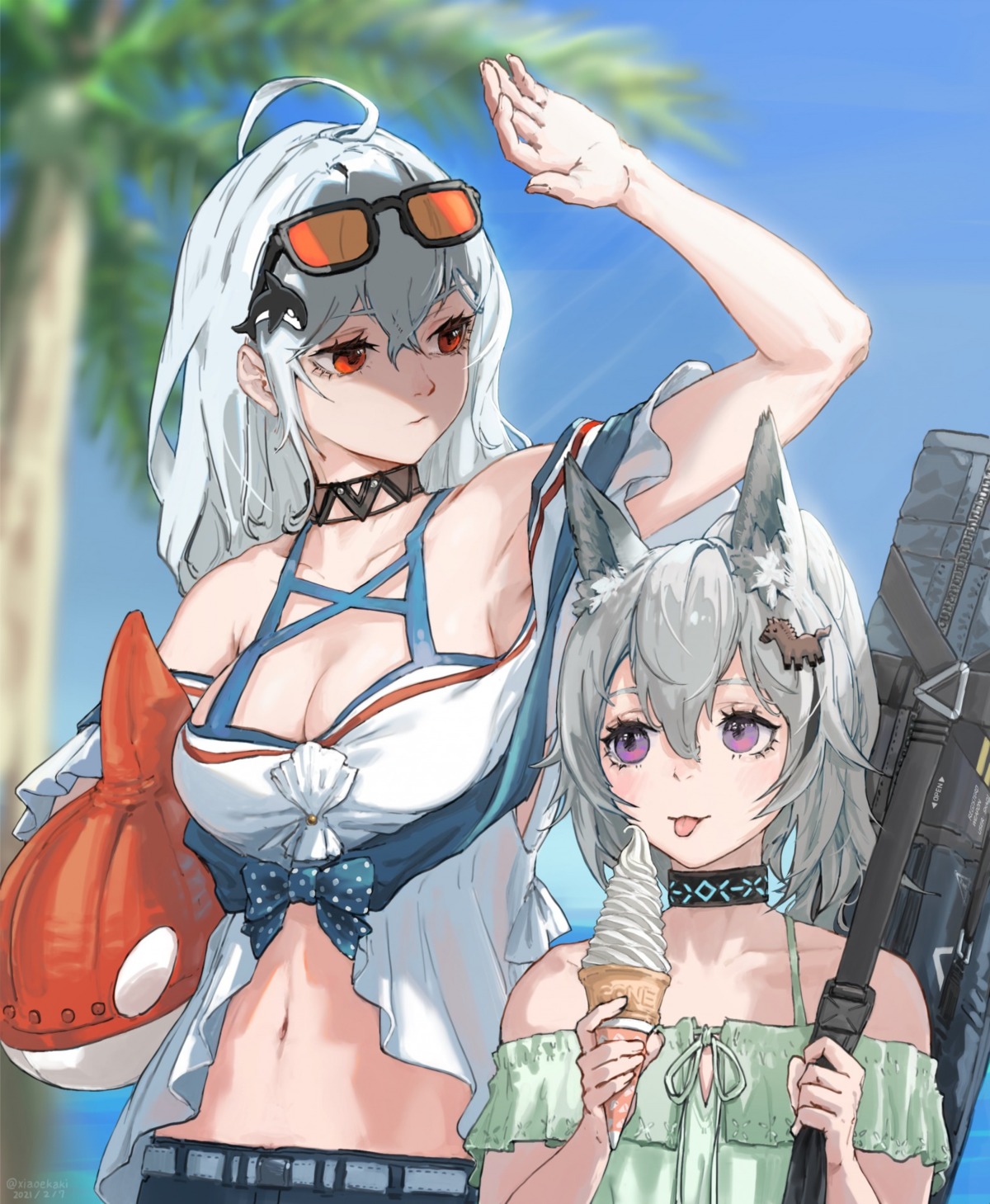 animal_ears, arknights, cleavage, grani_(arknights), megane, skadi_(arknights), xia_oekaki