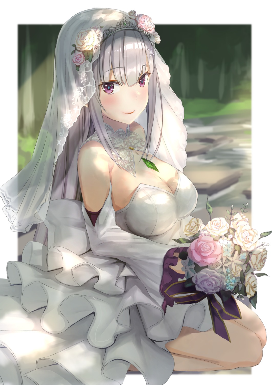 cleavage, dress, elf, emilia_(re_zero), no_bra, pointy_ears, re:zero_kara_hajimeru_isekai_seikatsu, tomaco, wedding_dress