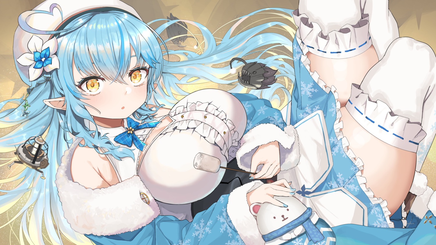elf, hololive, niizuka_(c-drop), pointy_ears, skirt_lift, thighhighs, yukihana_lamy