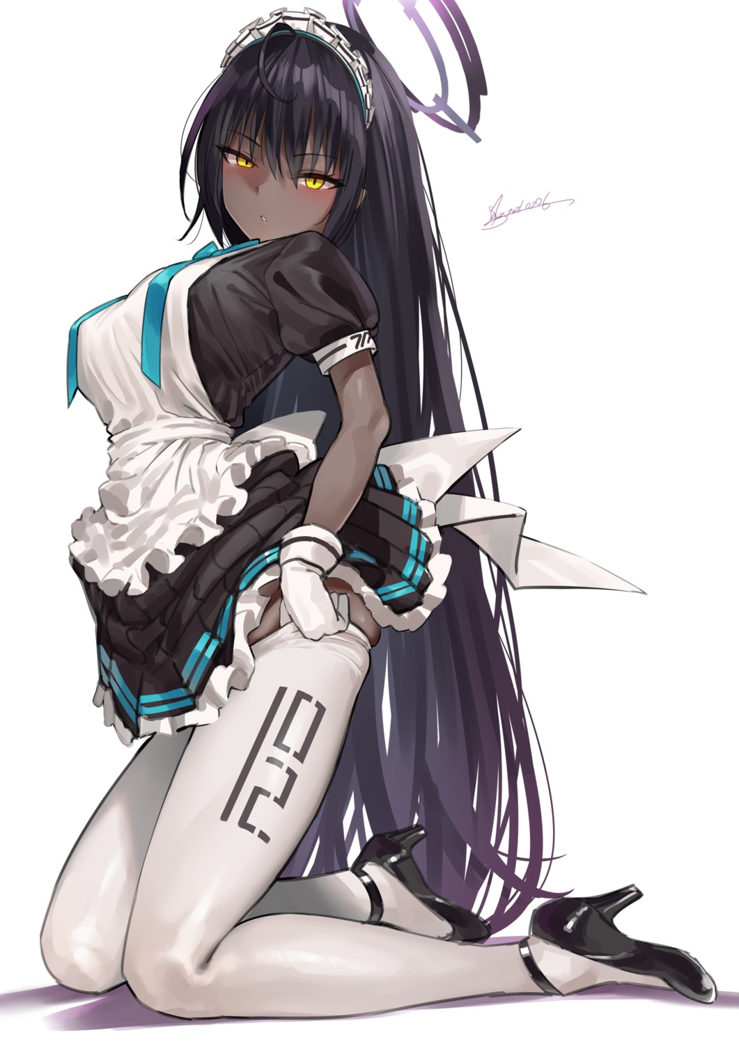 blue_archive, halo, heels, kakudate_karin, maid, skirt_lift, soya_(torga), thighhighs, undressing