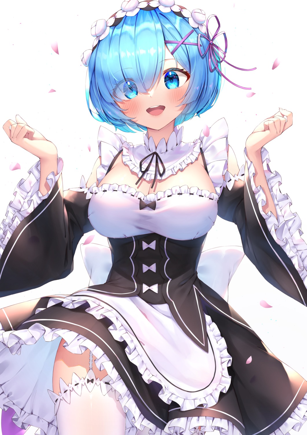 cleavage, maid, niyun_(n_niyu), re:zero_kara_hajimeru_isekai_seikatsu, rem_(re_zero), skirt_lift, stockings, thighhighs