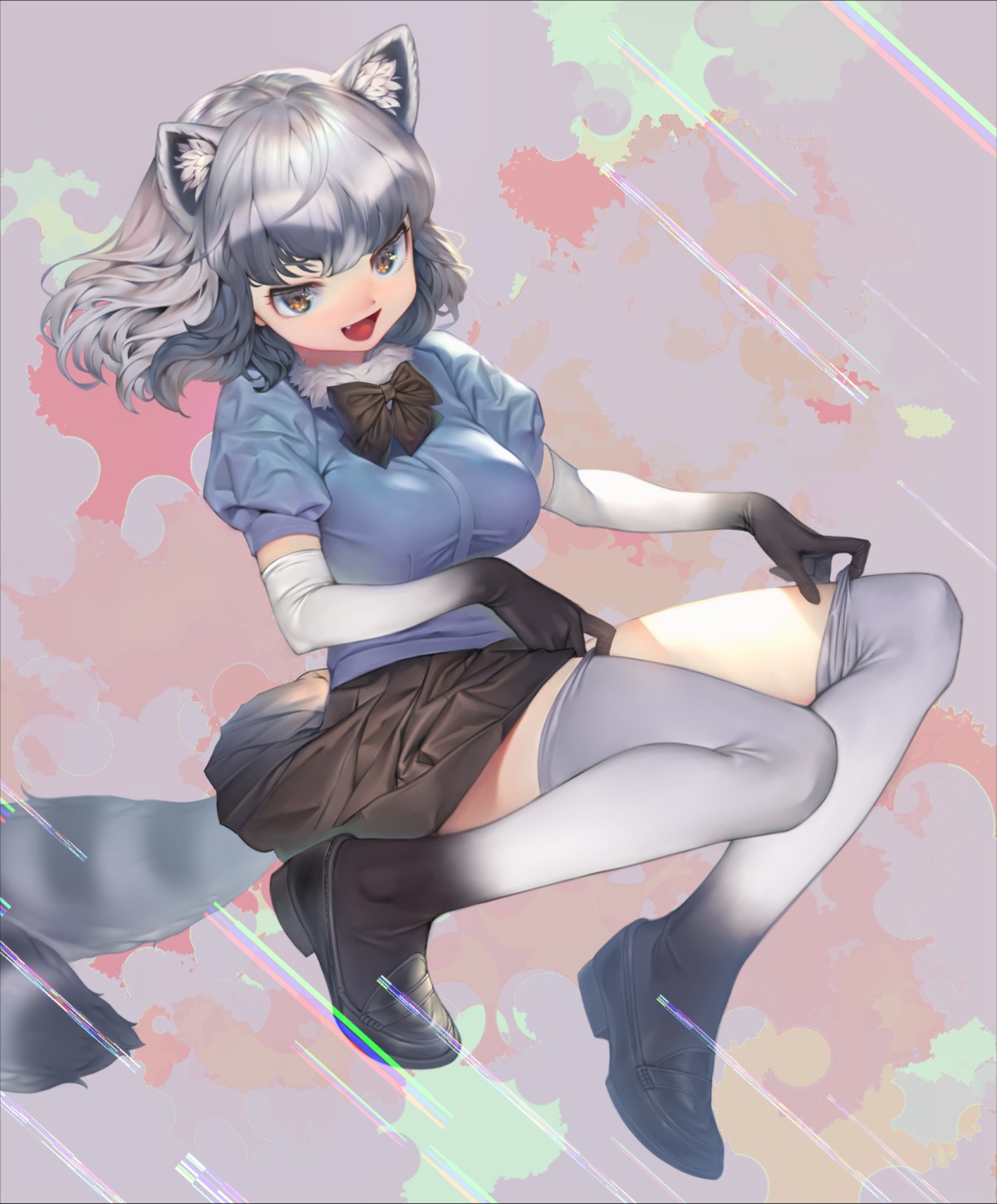 animal_ears, common_raccoon, kemono_friends, mifu_(b24vc1), skirt_lift, tail, thighhighs, undressing