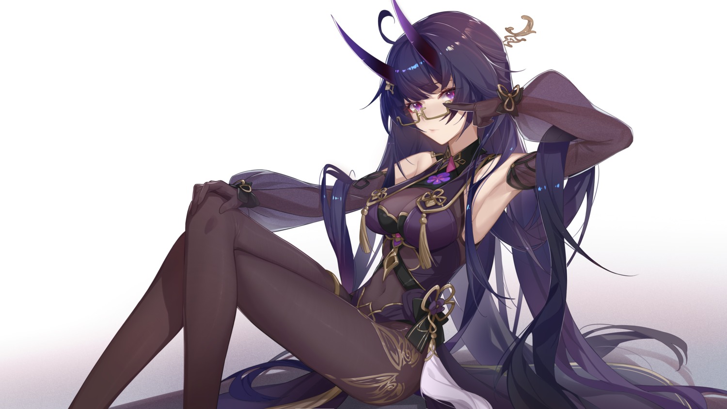 asian_clothes, benghuai_xueyuan, honkai_impact, horns, megane, pantyhose, raiden_mei, xianyu_liang