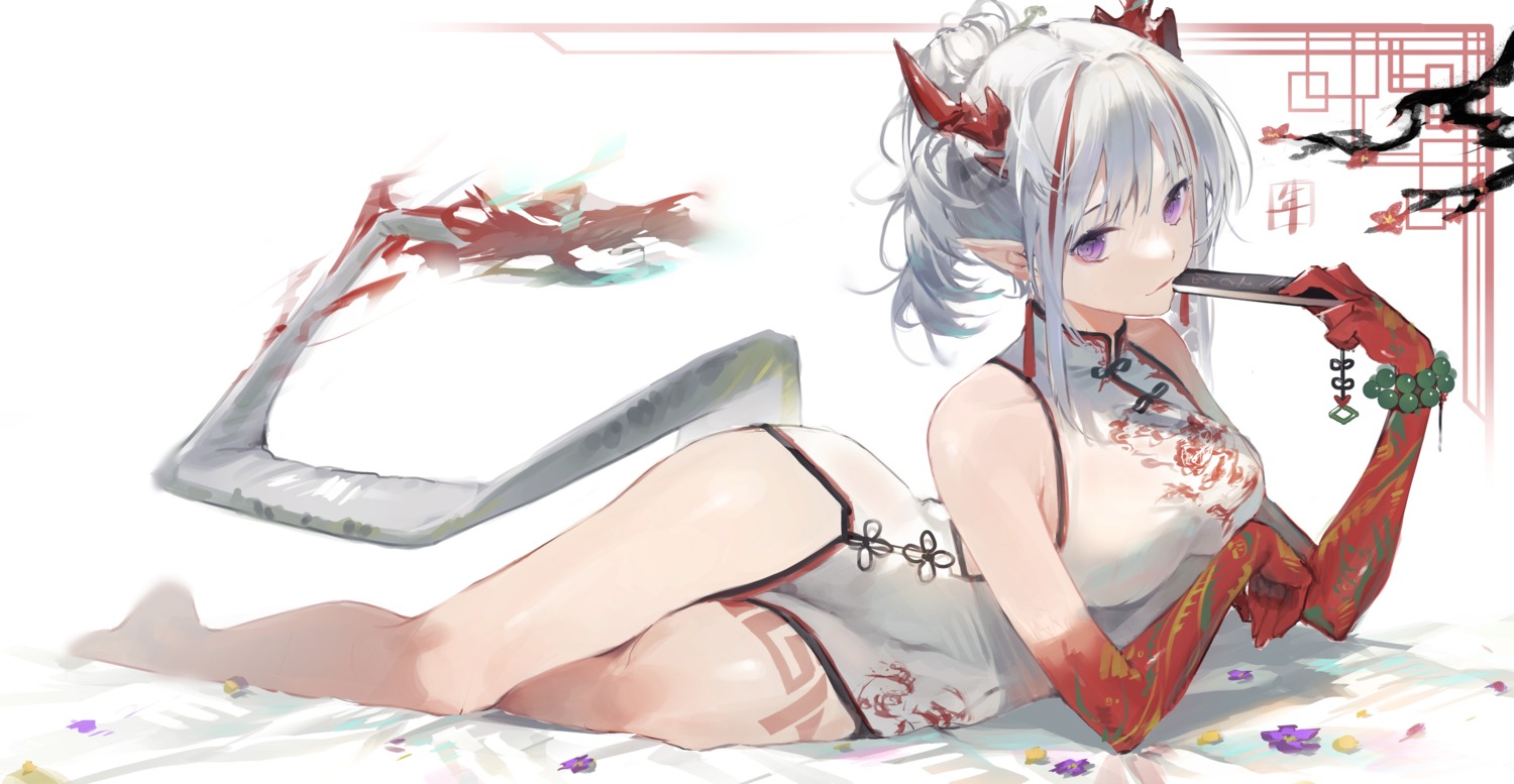 arknights, chinadress, hatachi8p, horns, nian_(arknights), pointy_ears, tail, tattoo
