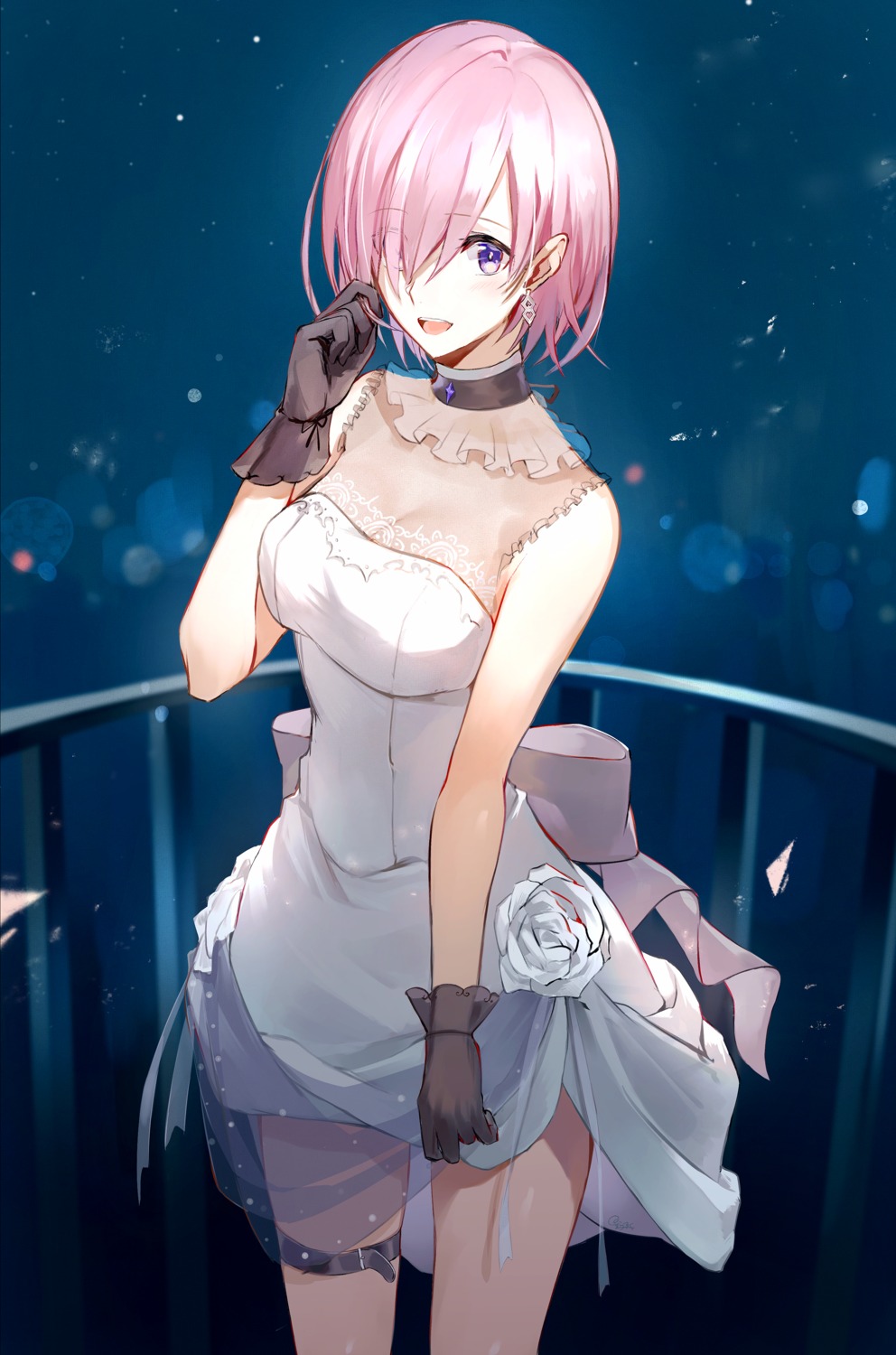 cleavage, dress, fate/grand_order, garter, hoshi_rasuku, mash_kyrielight, see_through, skirt_lift