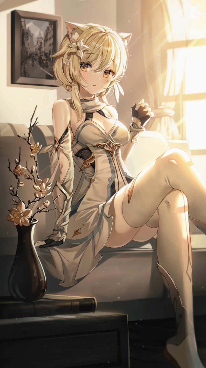 animal_ears, cleavage, dress, genshin_impact, harusame_(user_wawj5773), lumine, skirt_lift, thighhighs