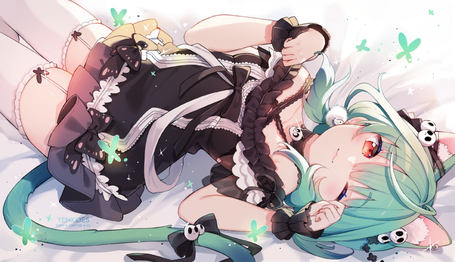 animal_ears, dress, gothic_lolita, hololive, lolita_fashion, nekomimi, stockings, tail, thighhighs, uruha_rushia, yenkoes