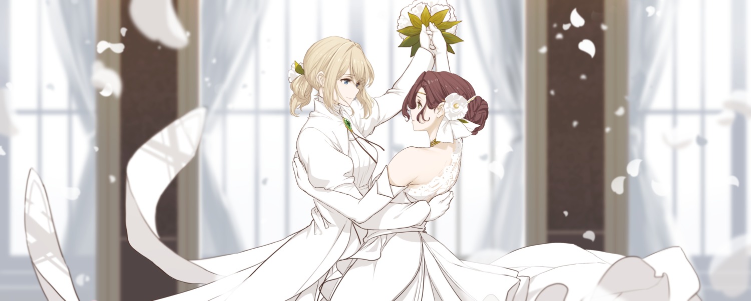 crossdress, dishwasher1910, dress, isabella_york, violet_evergarden, violet_evergarden_(character), wedding_dress, yuri