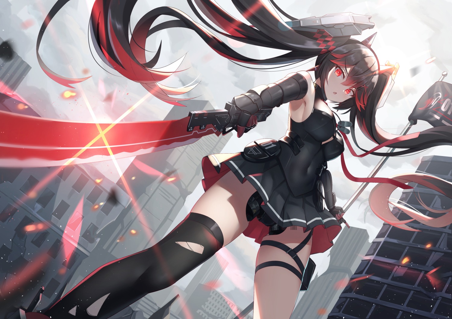 garter, lucia_(punishing:_gray_raven), mecha_musume, mirufuaa, punishing:_gray_raven, sword, thighhighs, torn_clothes