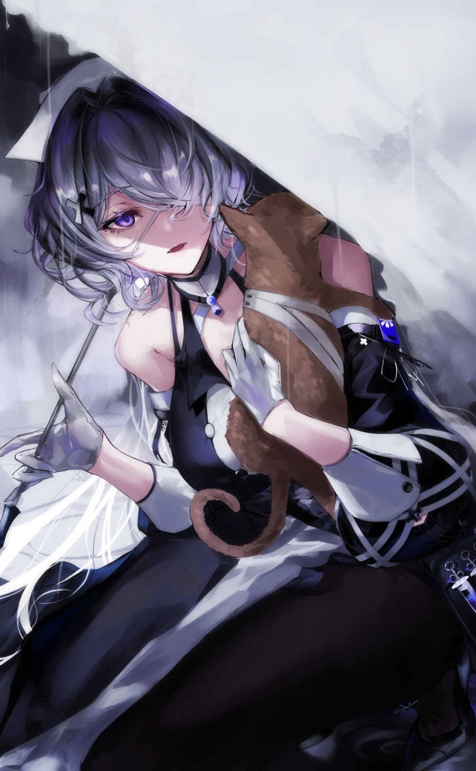 arknights, eichi_(yashokuya), eyepatch, neko, nurse, pantyhose, whisperain_(arknights)
