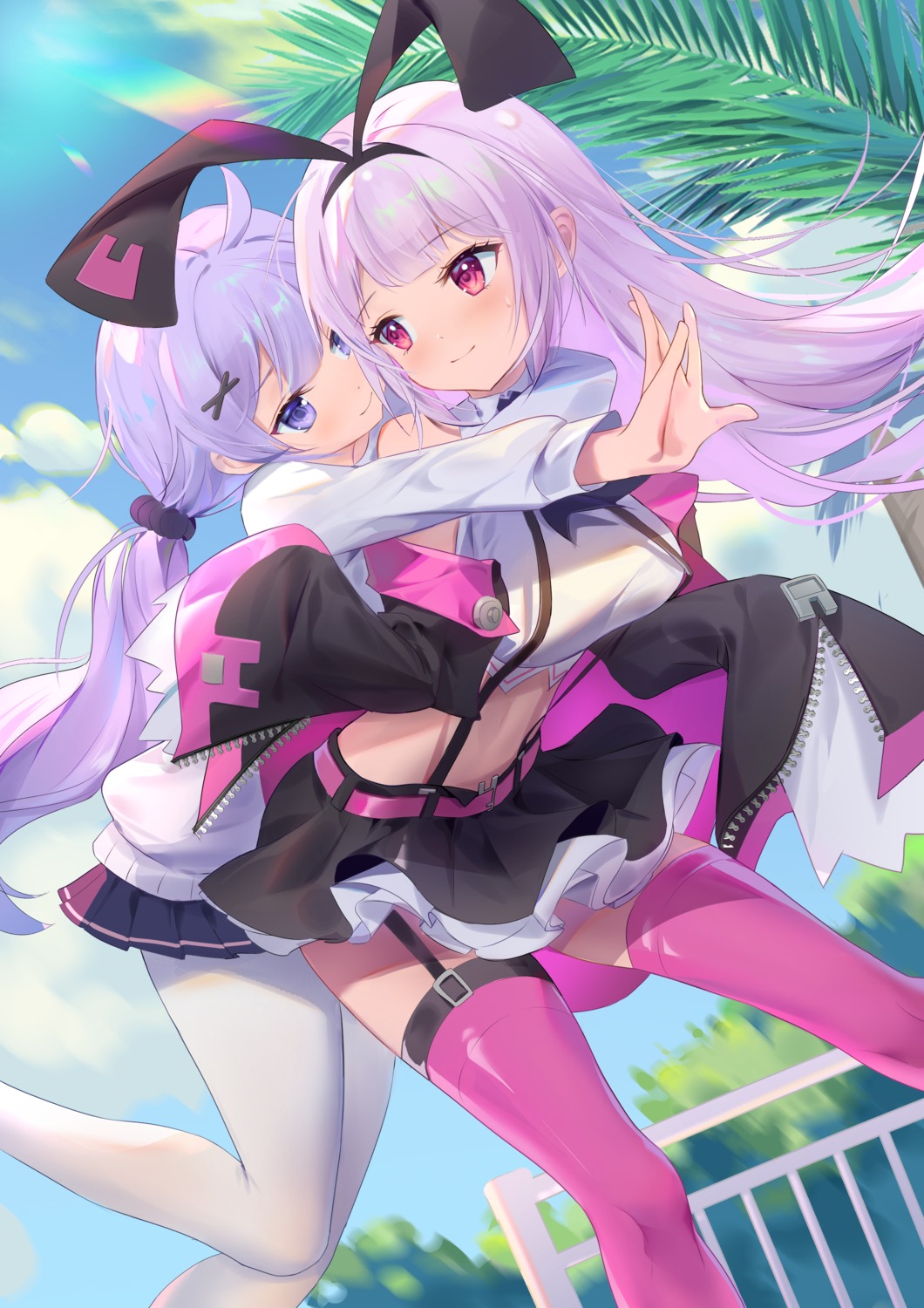 artist_revision, azur_lane, hobby_(azur_lane), pantyhose, seifuku, skirt_lift, somna, stockings, sweater, thighhighs, unicorn_(azur_lane), yuri