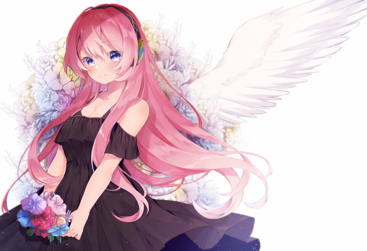 bra, cleavage, dress, headphones, megurine_luka, nuko_0108, vocaloid, wings