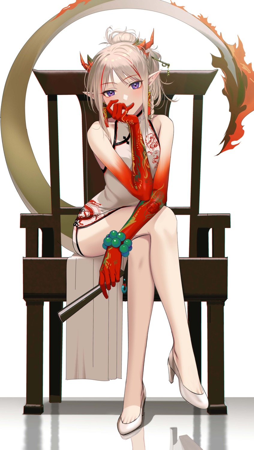 arknights, chinadress, gou_d, heels, horns, jpeg_artifacts, nian_(arknights), pointy_ears, skirt_lift, tail, tattoo