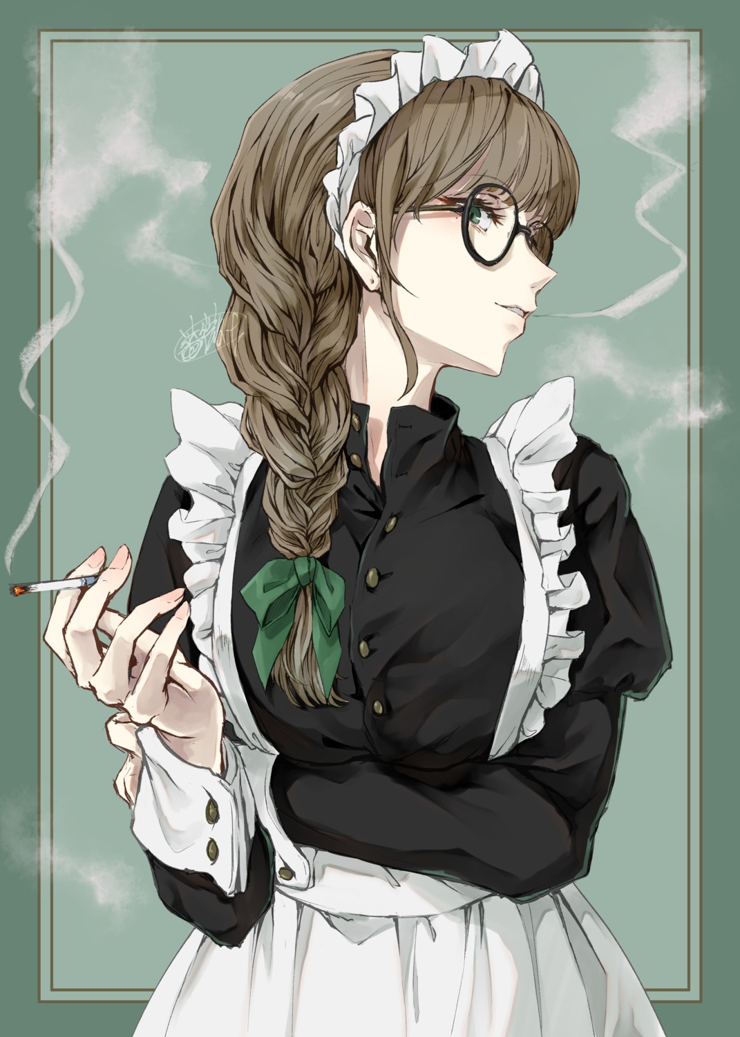 breast_hold, canned_rose, maid, megane, smoking