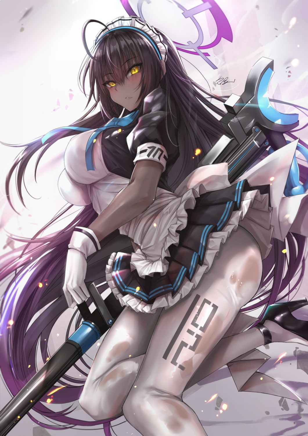 blue_archive, halo, heels, kakudate_karin, maid, pantyhose, skirt_lift, tsang_yu_chun, weapon