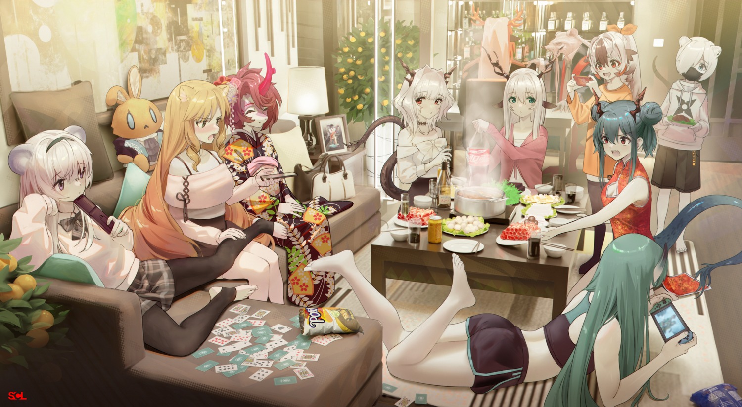 animal_ears, arknights, ass, ch'en_(arknights), chinadress, cleavage, feet, homura_(arknights), horns, hoshiguma_(arknights), kimono, lin_yuhsia_(arknights), pantyhose, shirayuki_(arknights), snowsant_(arknights), songchuan_li, sweater, swire_(arknights), tail, talulah_(arknights)