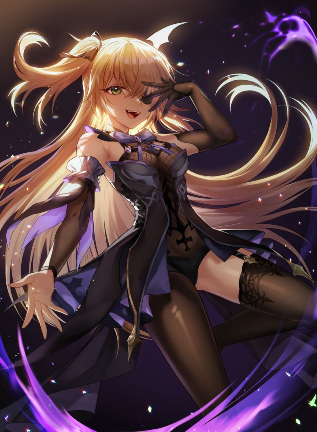 eyepatch, fischl, fishnets, genshin_impact, leotard, no_bra, rijjin, stockings