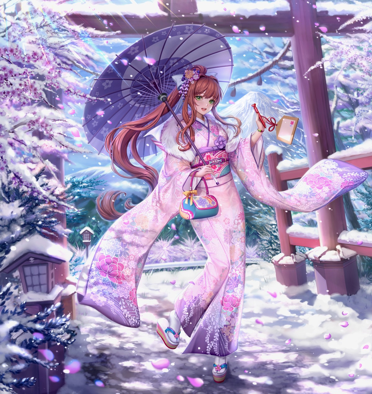 doki_doki_literature_club!, kimono, monika_(doki_doki_literature_club!), sammi_hisame, umbrella